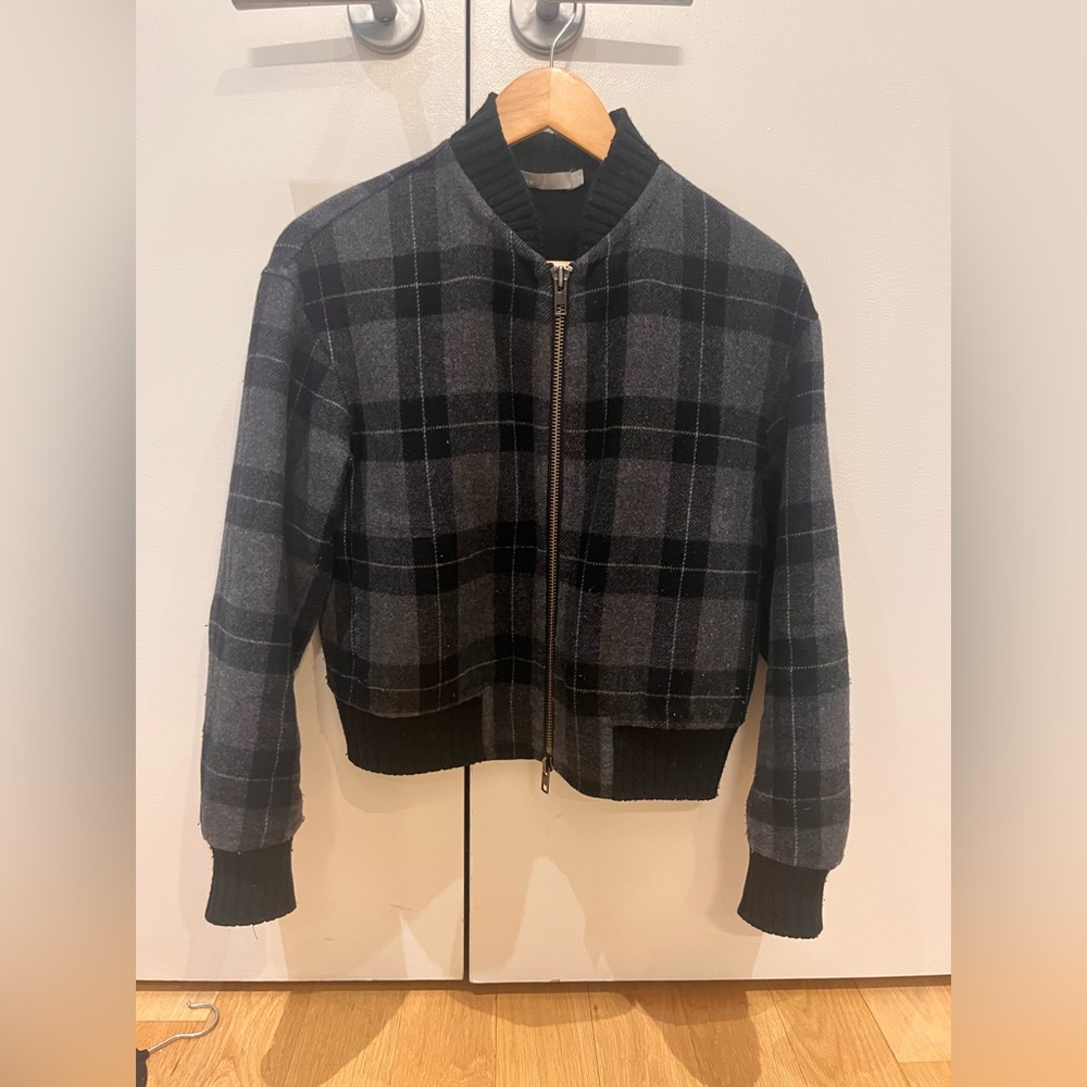Vince wool plaid bomber jacket with two sided zipper